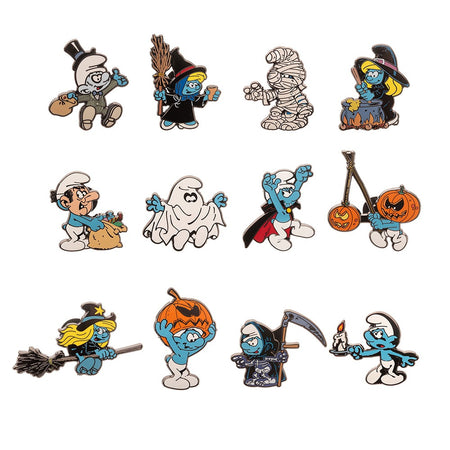 The Smurfs Halloween Blind Box Pin packaging showing mystery Smurf character silhouettes.