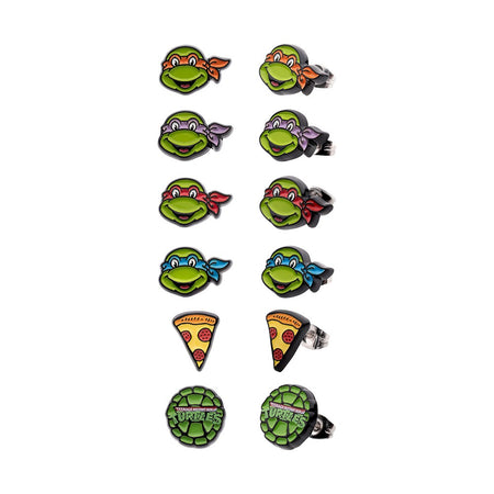 Six pairs of Teenage Mutant Ninja Turtles enamel stud earrings featuring character masks and symbols.