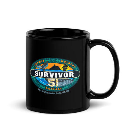 White ceramic mug featuring the official Survivor Season 51 logo in vibrant colors.
