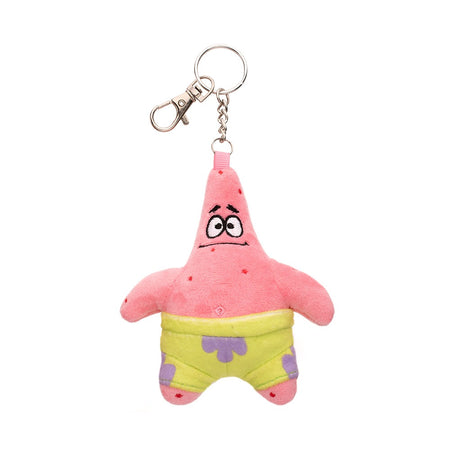 Front view of the SpongeBob SquarePants Patrick Star plush keychain showing his cheerful expression and floral trunks.