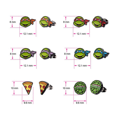 Official TMNT jewelry set with enamel studs for Leonardo, Raphael, Michelangelo, and Donatello.