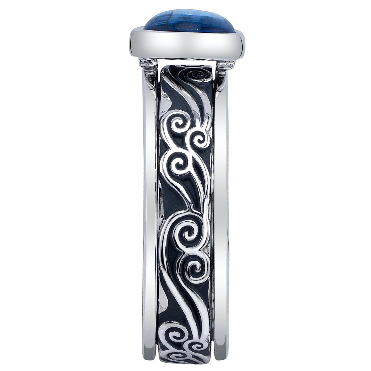 Close up of blue glass cabochon with waterbending symbol on sterling silver ring
