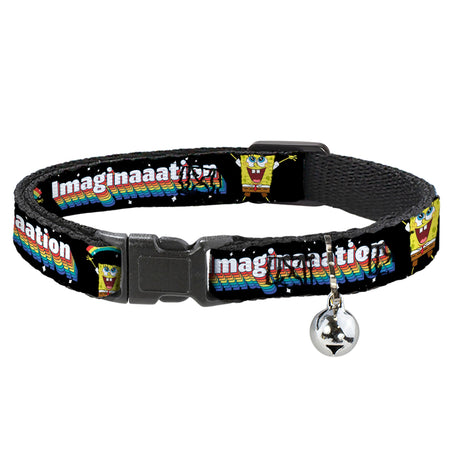 A black pet collar features Spongebob Squarepants, the word "IMAGINAAAATION" in rainbow text, and a silver bell.