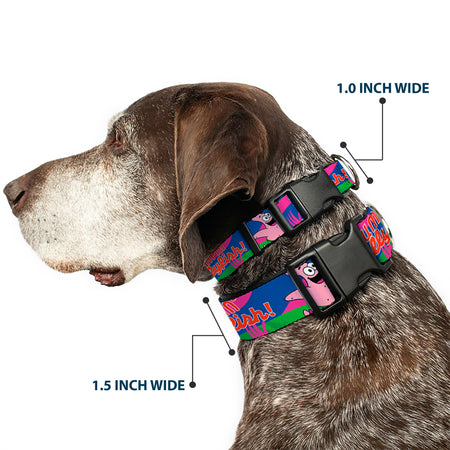 Older dog in profile with two colorful collars, illustrating 1.0 inch and 1.5 inch widths on a white background.