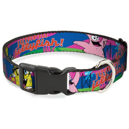 Blue Spongebob & Patrick dog collar with "JUMPIN' Jellyfish!" text, black buckle, and silver D-ring.