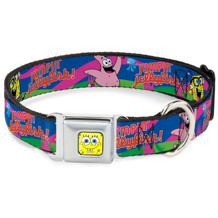 Spongebob Squarepants pet collar. Features Spongebob, Patrick, "JUMPIN' Jellyfish!" text, and Spongebob buckle.