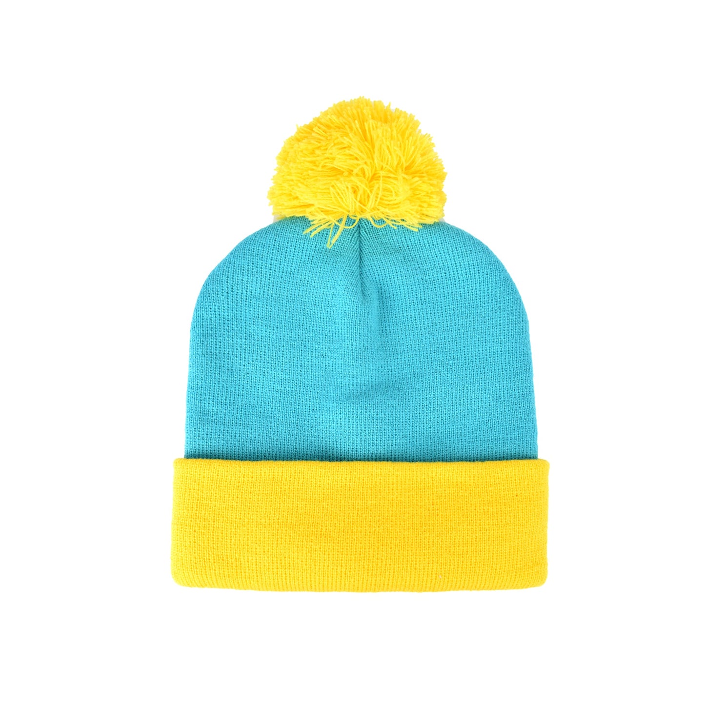 Close-up of the knit pattern and decorative pom-pom on a South Park character hat.