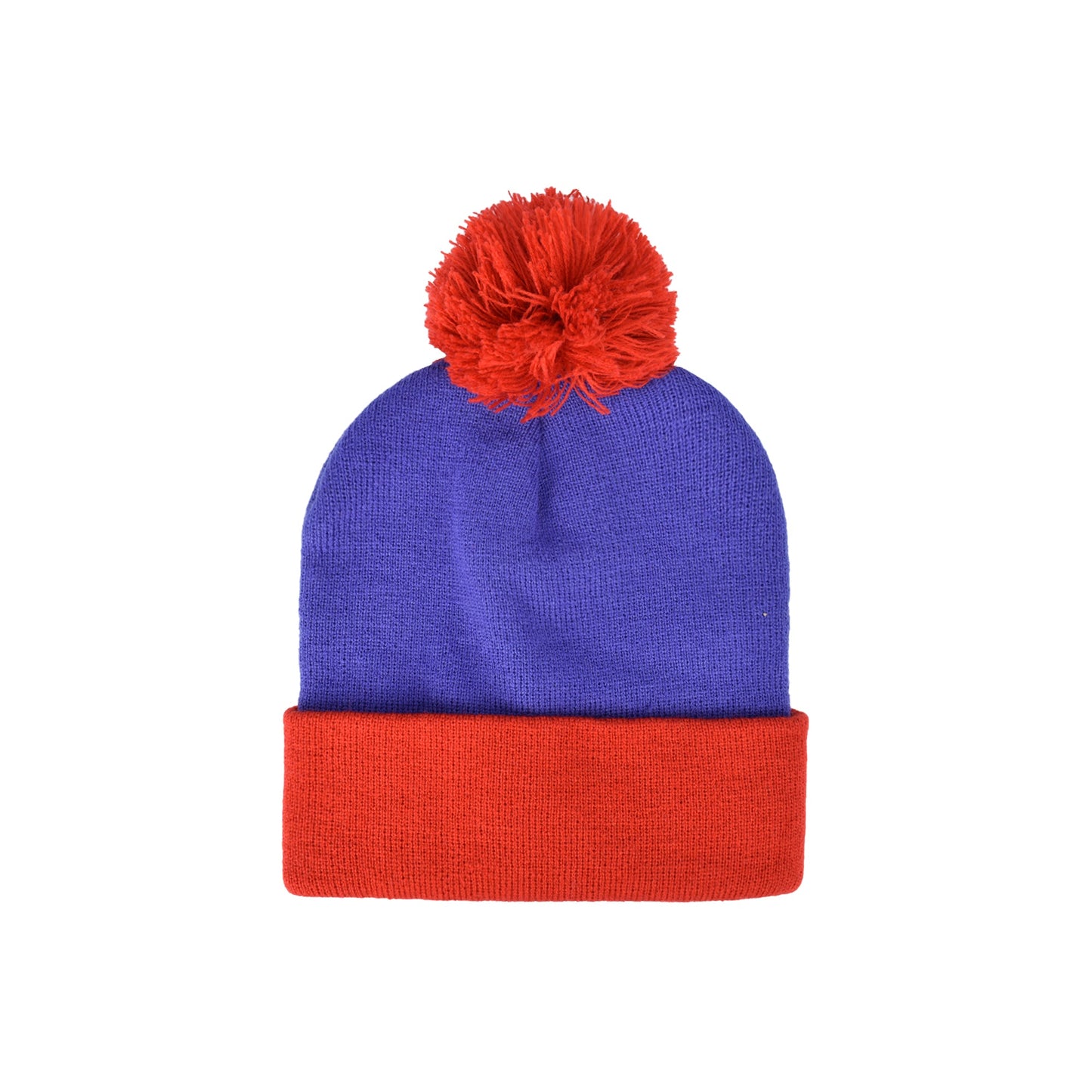Close-up of the red folded cuff and pom-pom detail on the Stan Marsh character knit hat showing the soft acrylic texture.