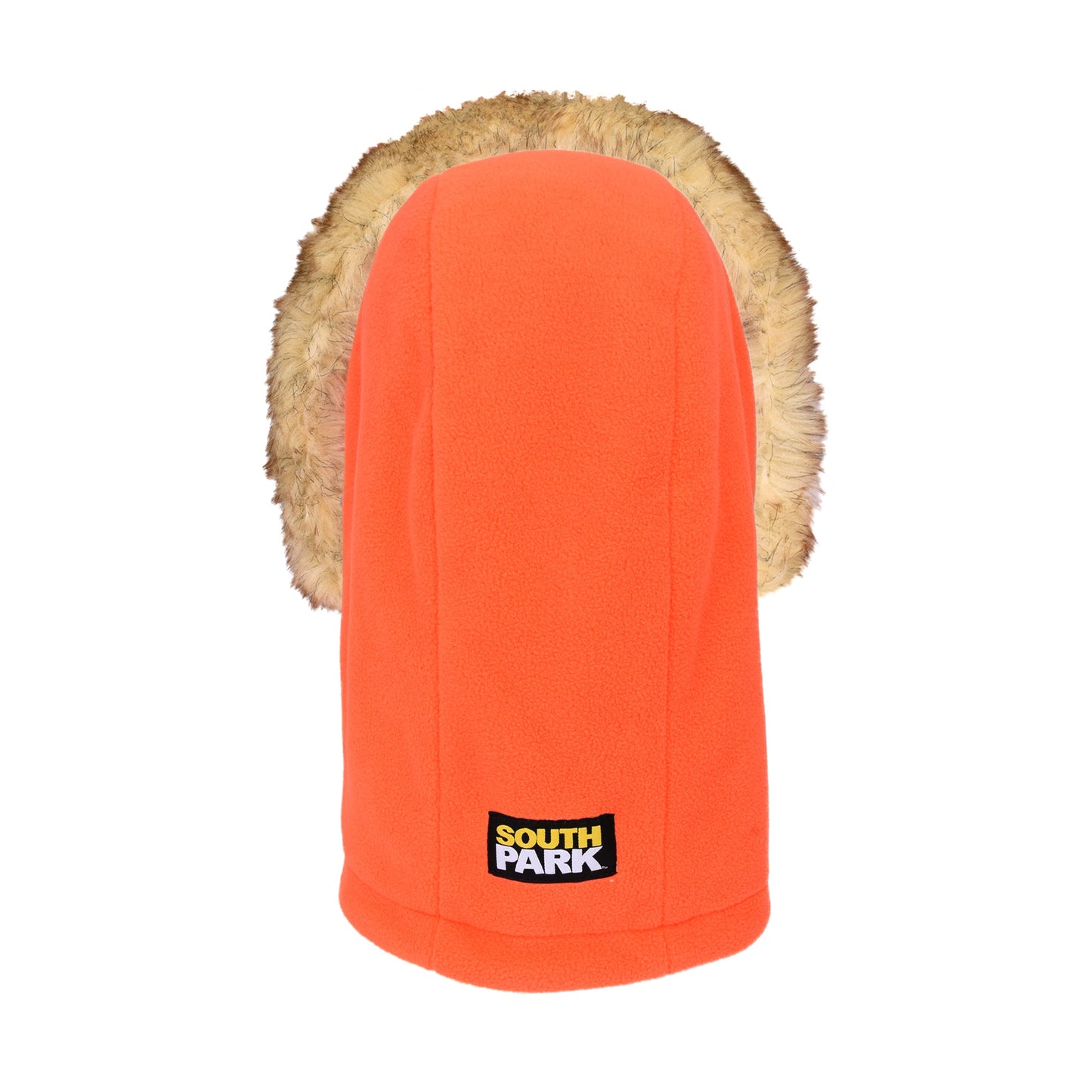 Orange South Park cosplay hood featuring Kenny McCormick's signature parka style with faux fur trim.