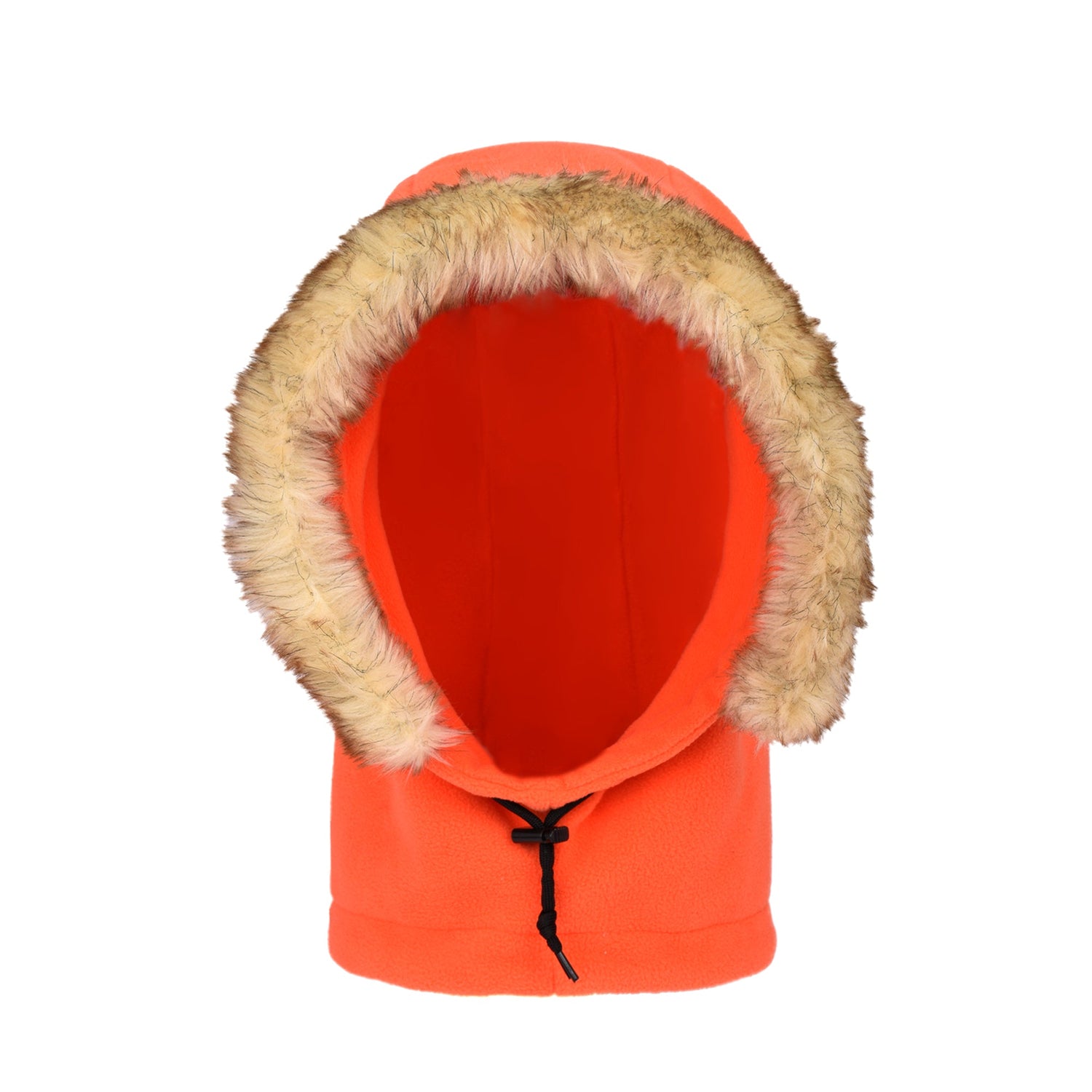 Close-up of the plush white faux fur trim around the face opening of the orange fleece hat.