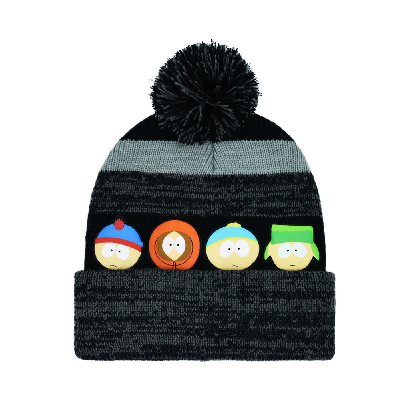 Front view of black knitted beanie featuring South Park characters Stan, Kyle, Cartman, and Kenny on the cuff
