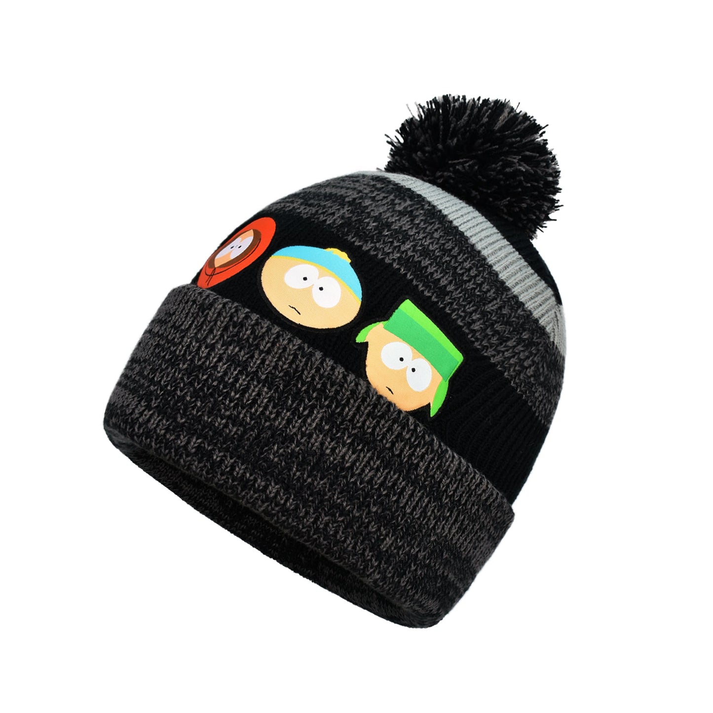 Profile view of the South Park cuffed beanie highlighting the snug fit and durable acrylic construction