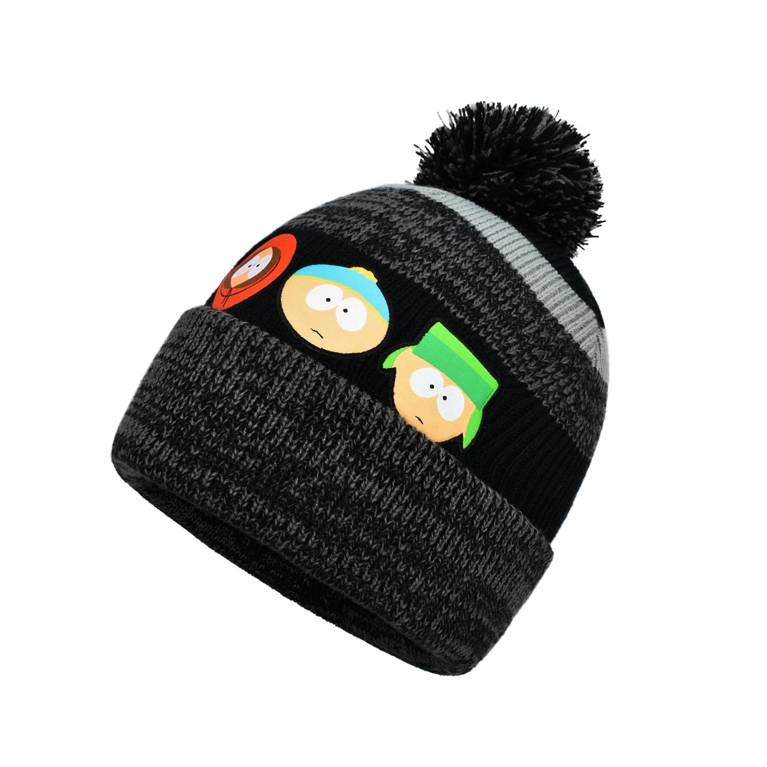 Profile view of the South Park cuffed beanie highlighting the snug fit and durable acrylic construction