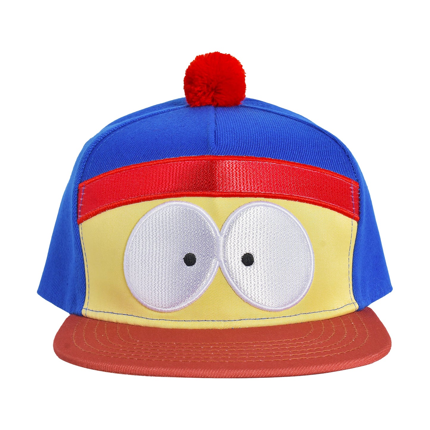Close up of the tactile red 3D pom-pom on the blue South Park cosplay hat