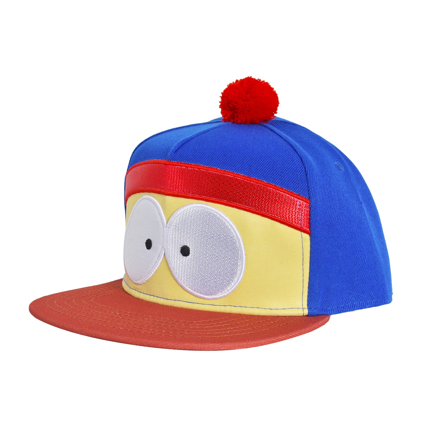 South Park Stan Marsh Cosplay 3D Pom Flat Brim Snapback Hat front view showing embroidered eyes