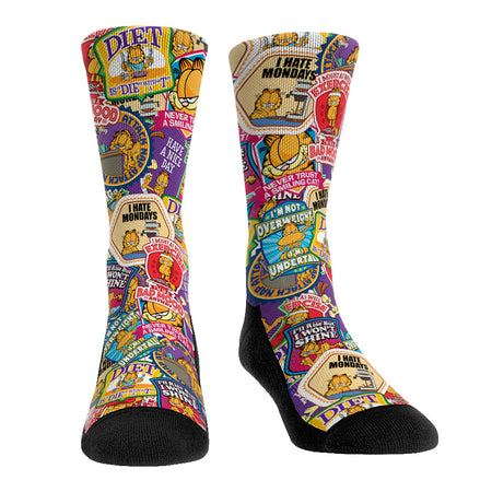 Garfield x Rock 'Em Socks Badges crew socks featuring a repeat pattern of Garfield character badge designs.