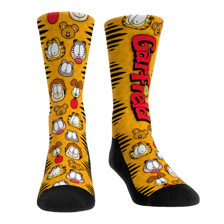 Orange Garfield crew socks with an allover pattern of various Garfield facial expressions
