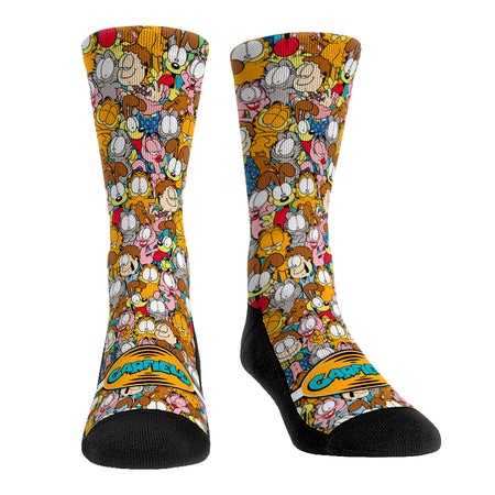 A pair of crew socks featuring a stacked, repeating pattern of Garfield the cat's face with different expressions including sleepy, grumpy, and smirking.