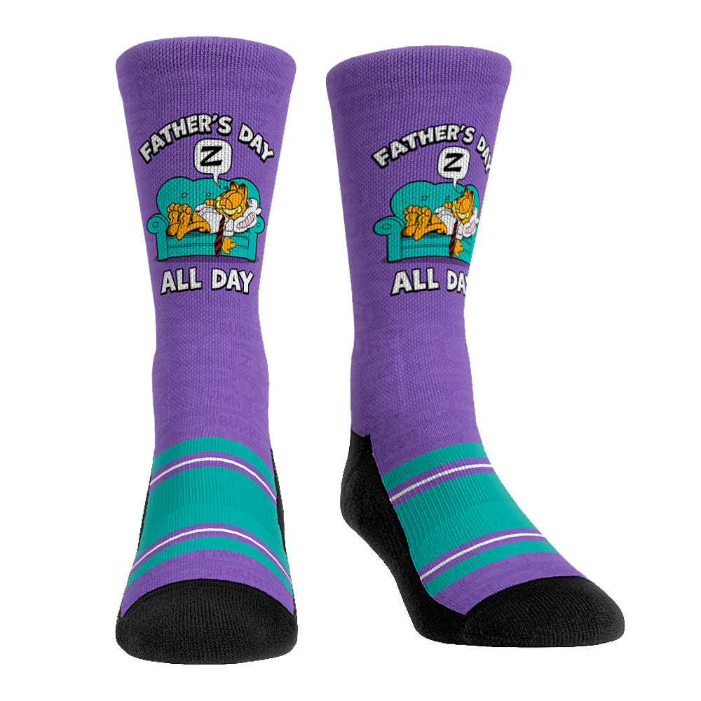 Official Garfield Father's Day All Day socks featuring the orange tabby cat taking a nap on a striped orange and yellow pattern.