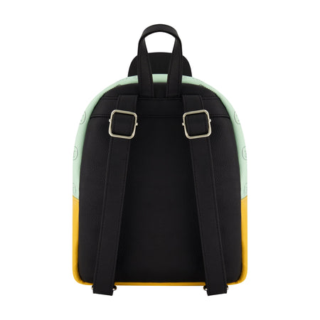 Side view showing the adjustable shoulder straps and silver hardware