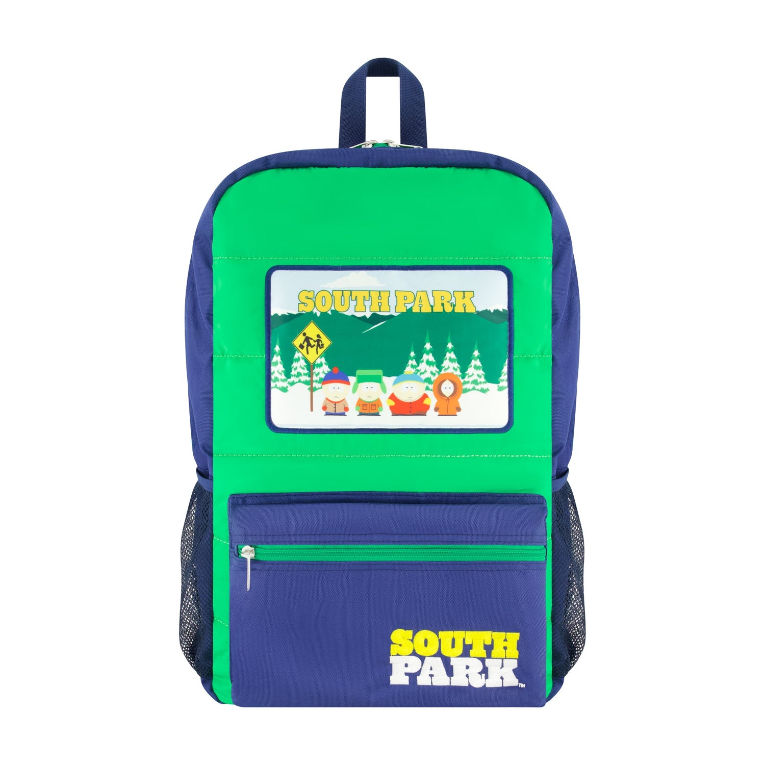 South Park quilted black backpack with Cartman, Kyle, Stan, and Kenny patch