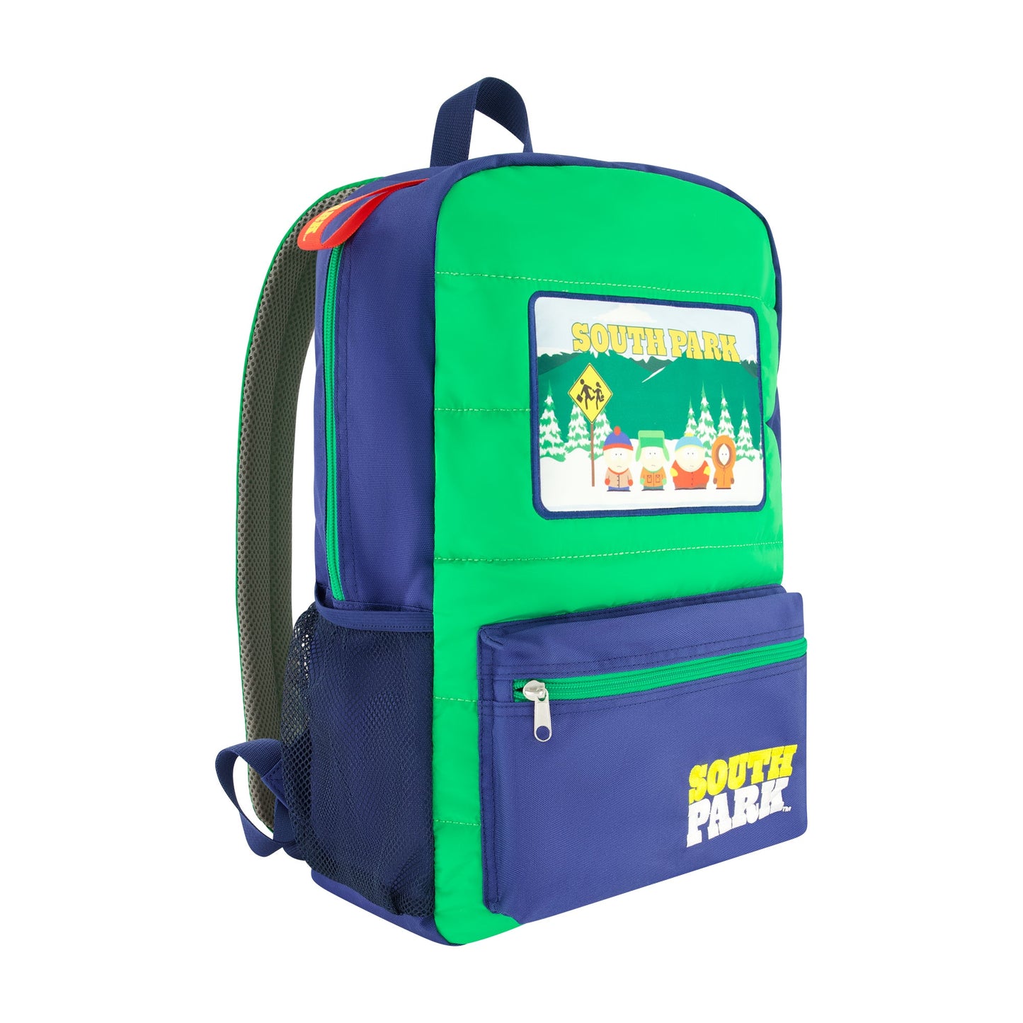 Back view of South Park backpack showing padded airflow panel and green hardware