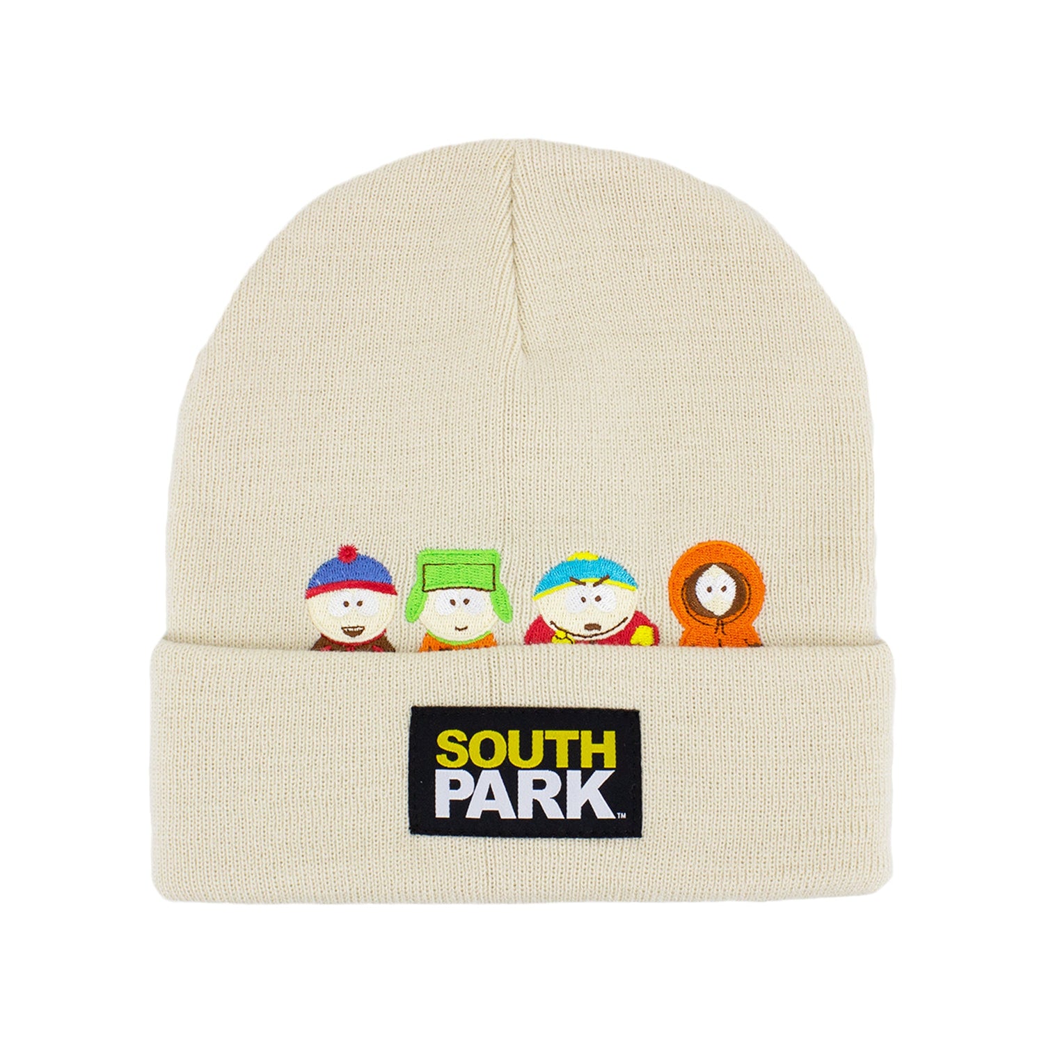 Close-up of Stan Kyle Cartman & Kenny embroidery on beanie