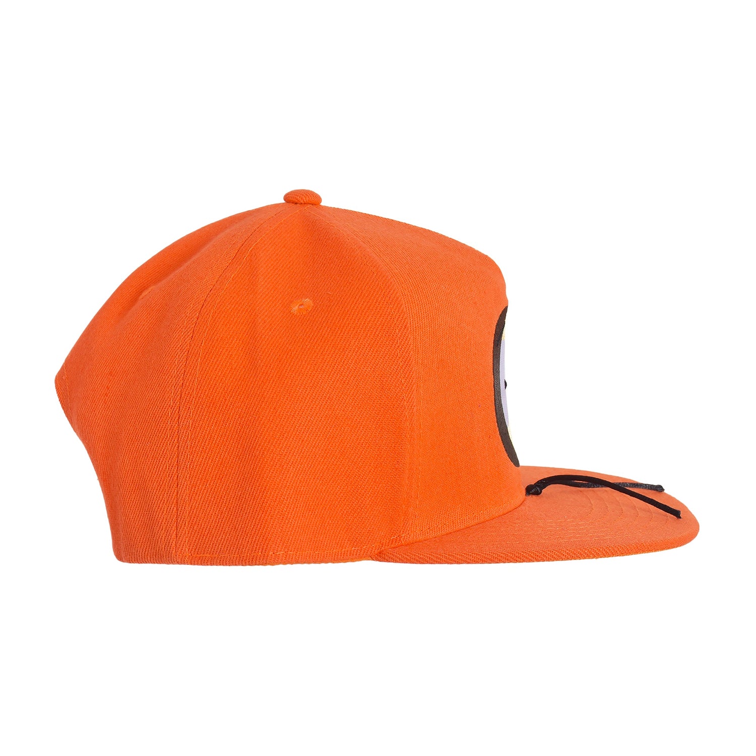 Side view of the bright orange South Park snapback hat showing the flat brim silhouette.
