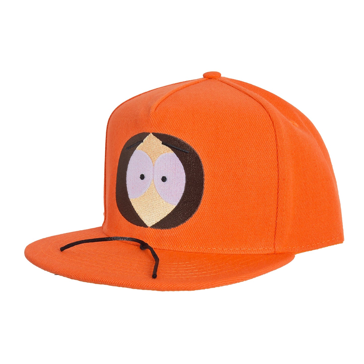 Front view of the South Park Kenny McCormick Orange Parka flat brim hat featuring the character face and hood design.
