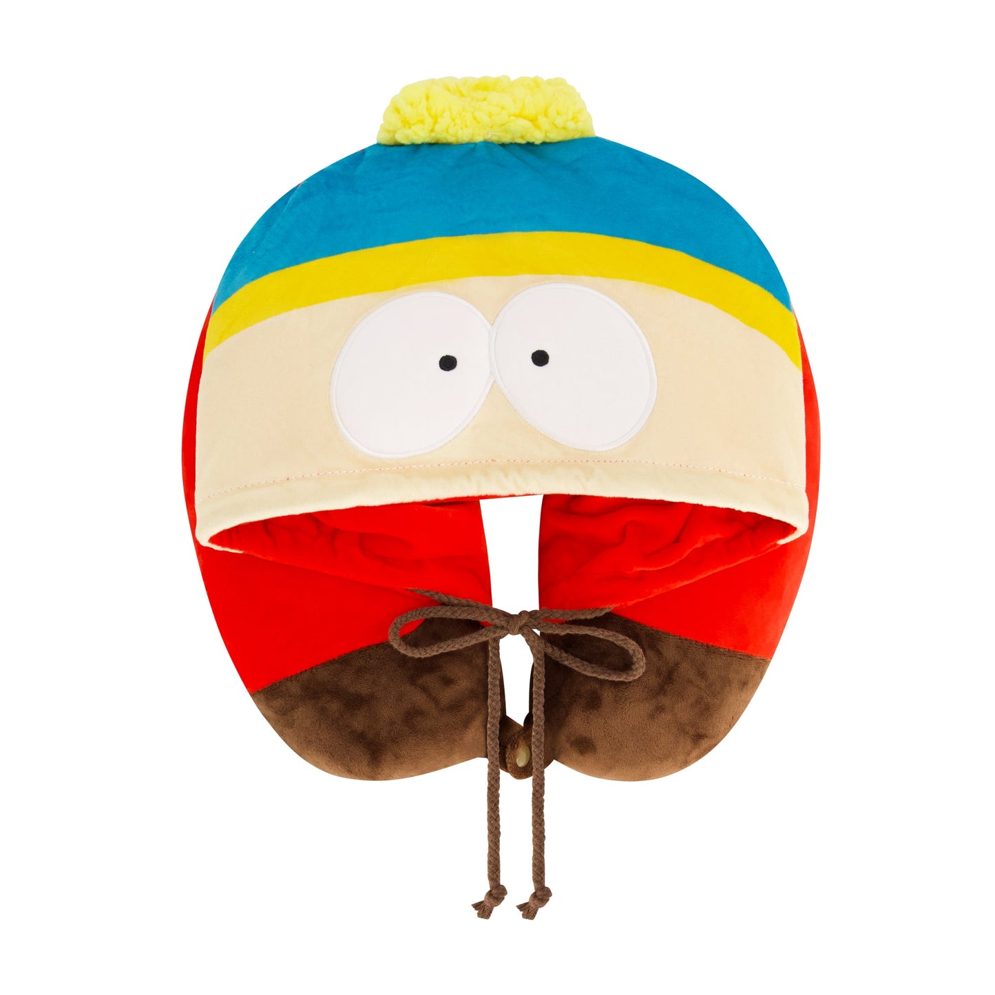 South Park Eric Cartman hooded travel neck pillow featuring red base and teal yellow hat hood