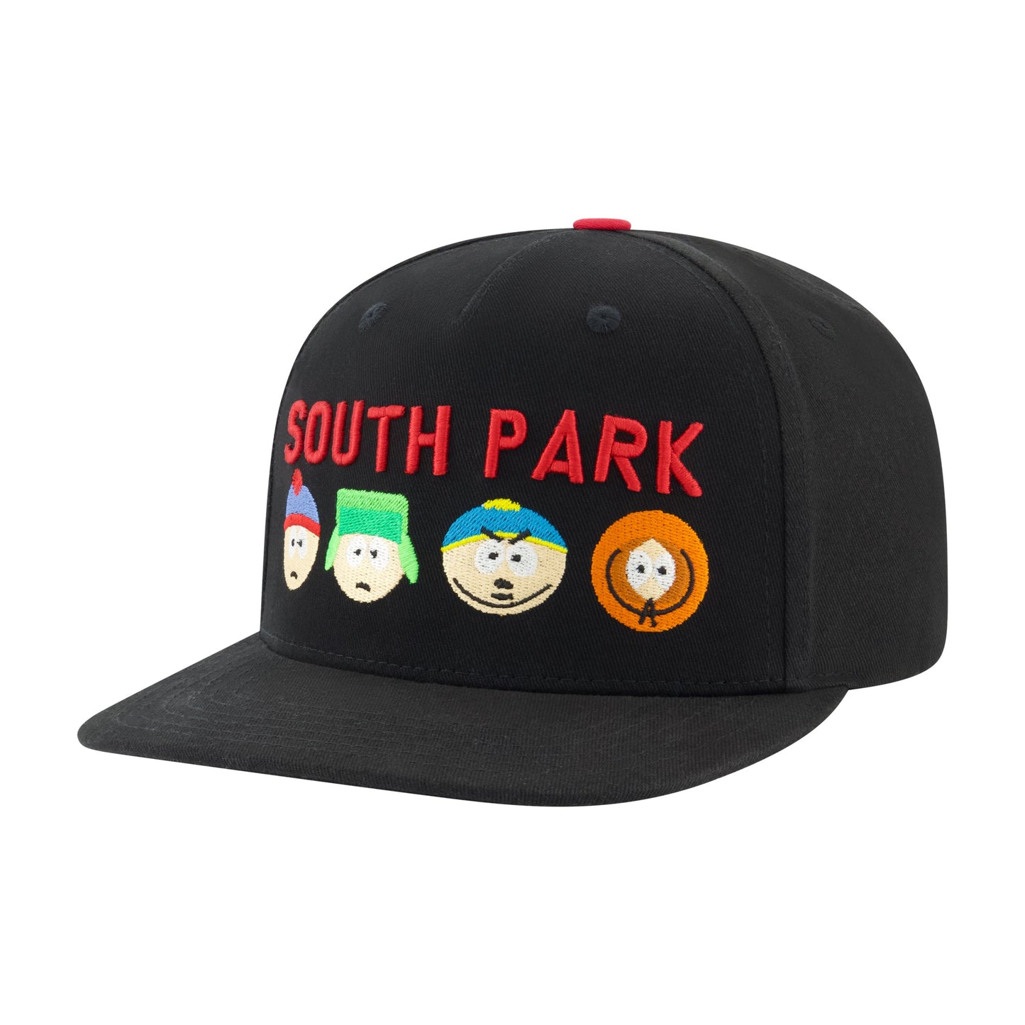 Front view of South Park snapback hat featuring embroidered Stan, Kyle, Cartman, and Kenny
