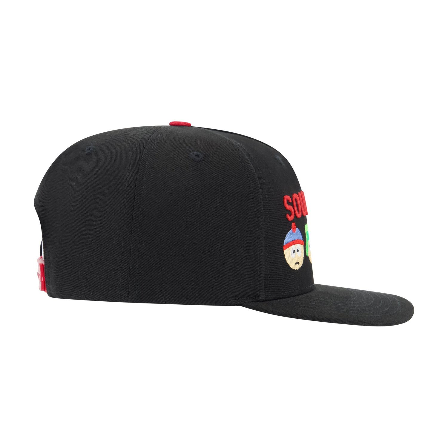 Side profile of structured South Park snapback showing flat brim and eyelets