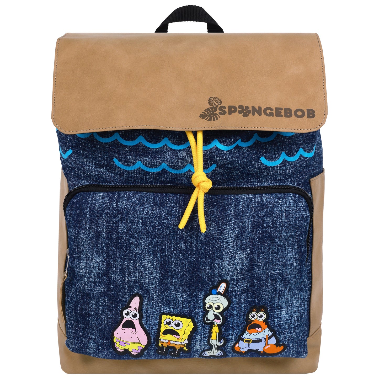 Front view of SpongeBob SquarePants denim and nubuck backpack featuring an embroidered character patch.