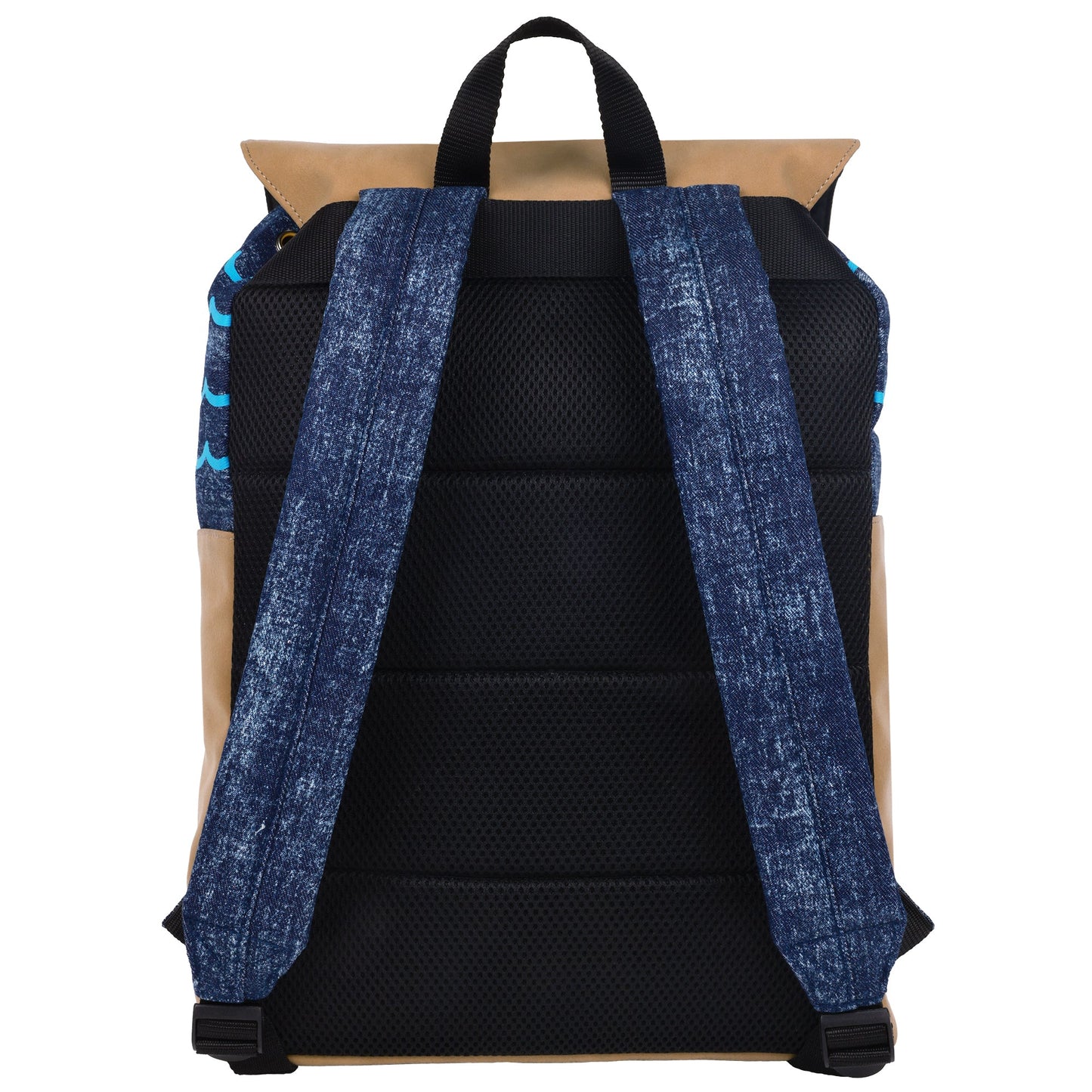 Side profile of the SpongeBob SquarePants backpack showing the textured nubuck and denim materials.