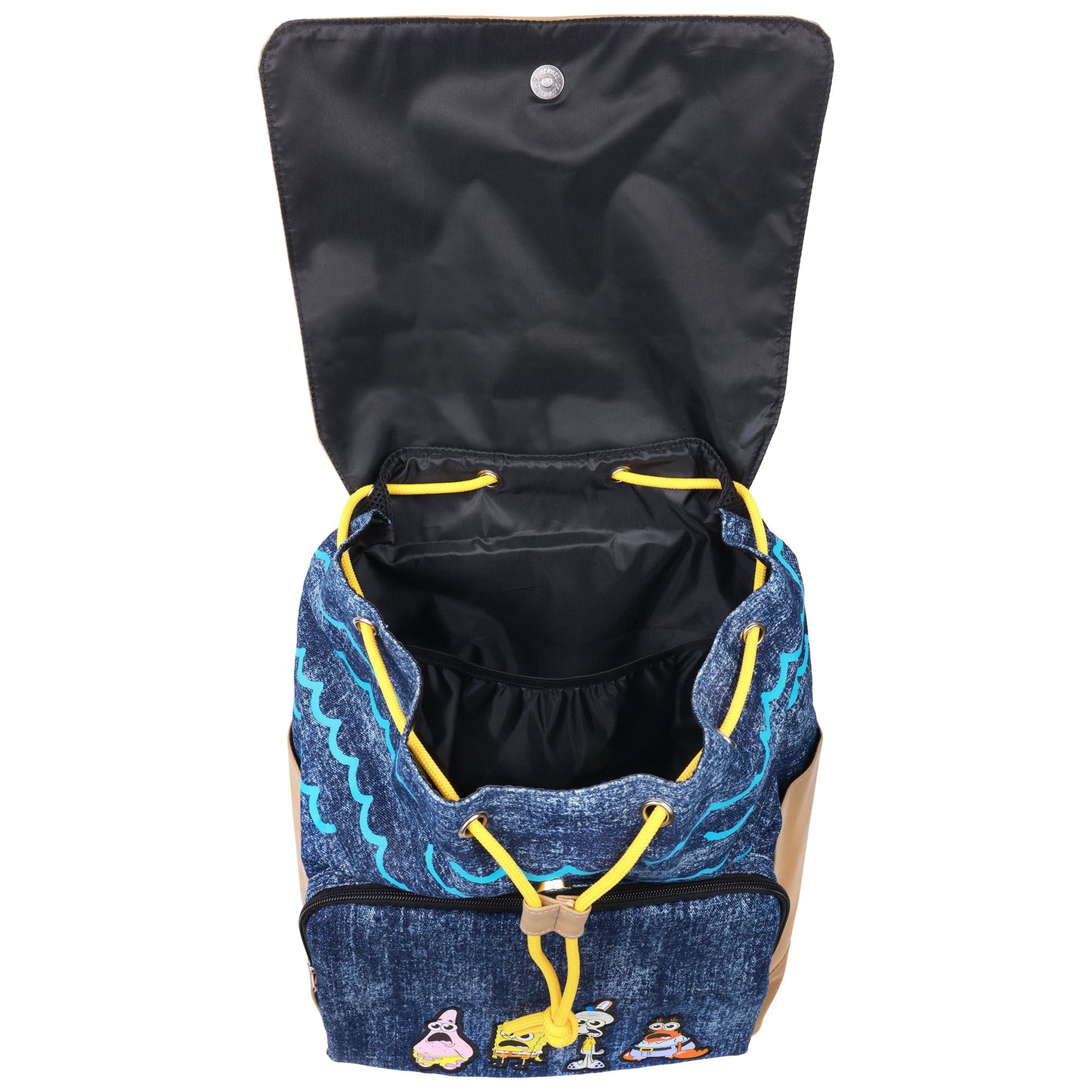 Lifestyle view of the SpongeBob SquarePants denim backpack highlighting its compact and stylish design.