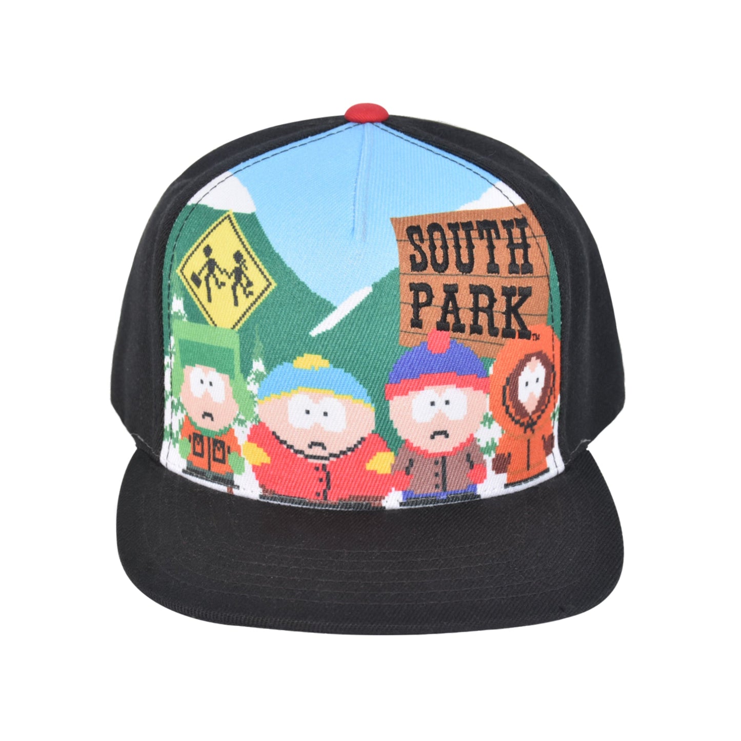 Side profile of South Park snapback hat showing structured crown and flat brim