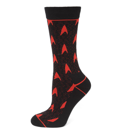 Close up of black socks featuring a repeating pattern of red Star Trek Delta shields.