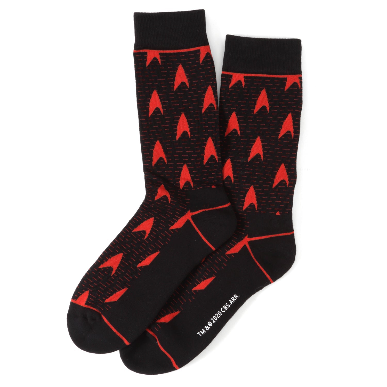Close up of Star Trek Operations Red sock with knit Delta Shield logo