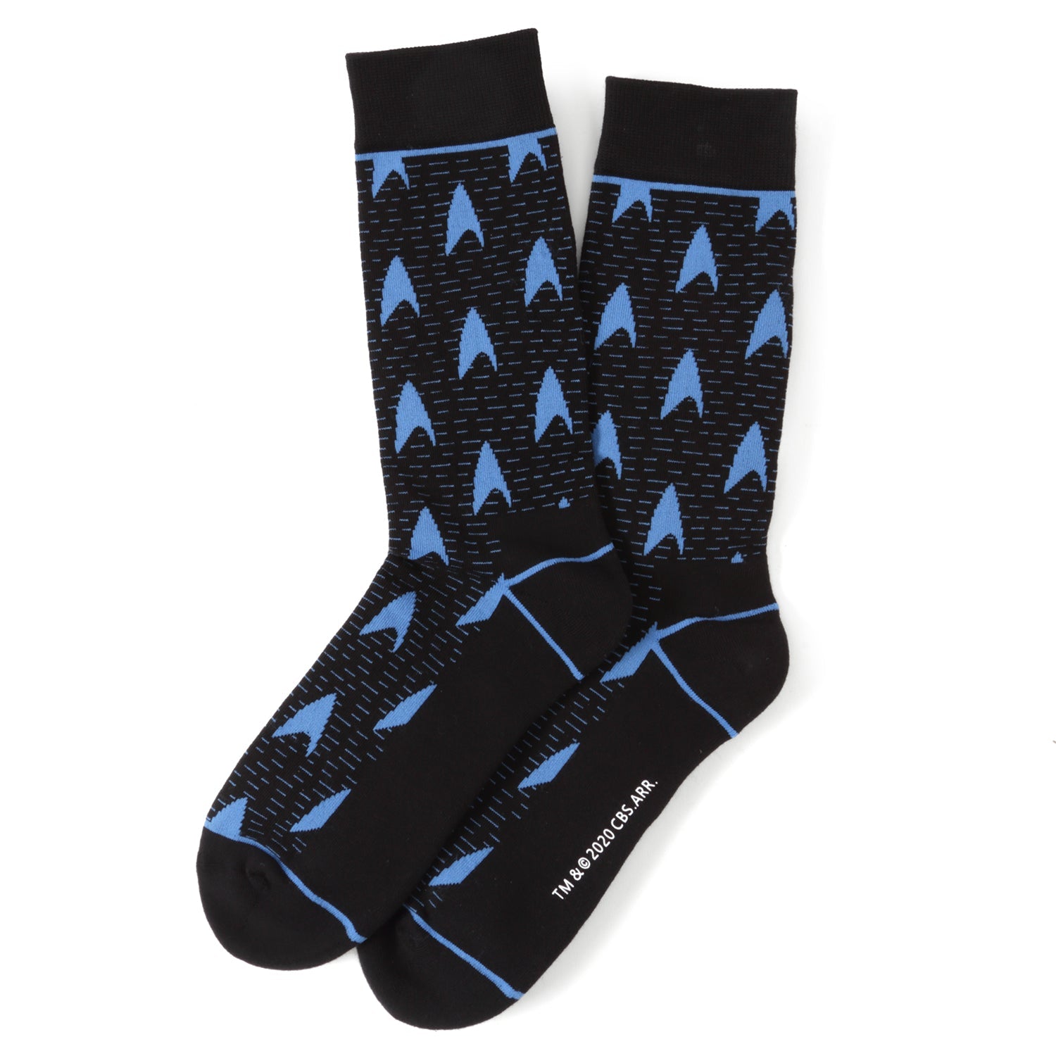 Close up of Star Trek Science Blue sock with knit Delta Shield logo