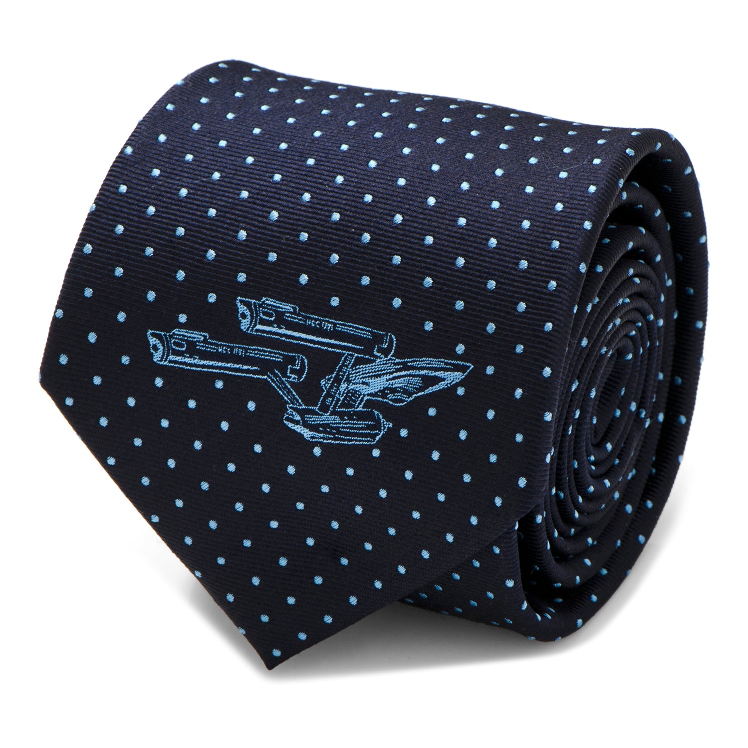 Full view of the navy blue Star Trek Enterprise Dot Silk Necktie
