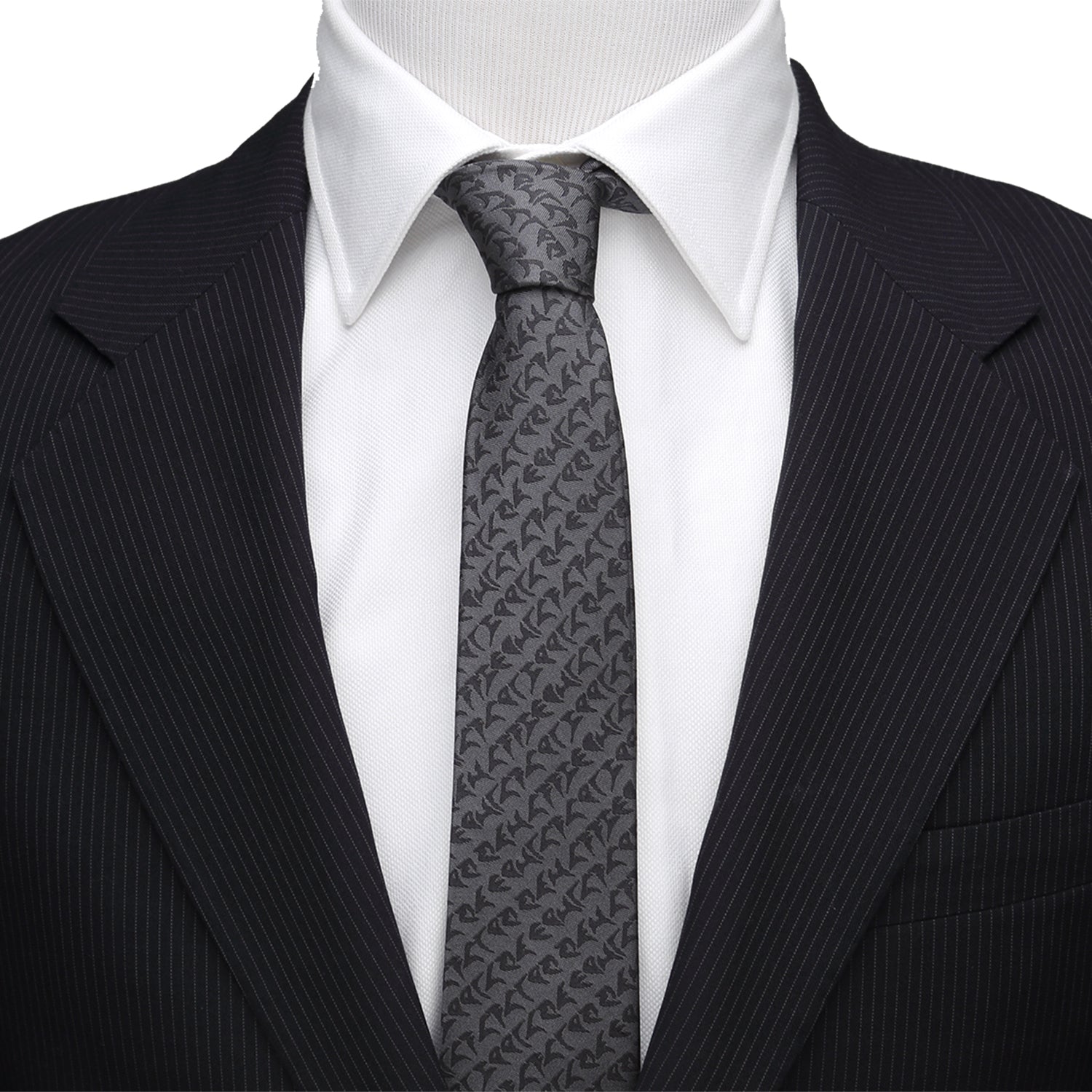Close up of woven Klingon alphabet characters on gray silk tie
