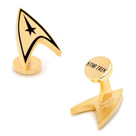 Gold-plated Star Trek Delta Shield cufflink on a white background