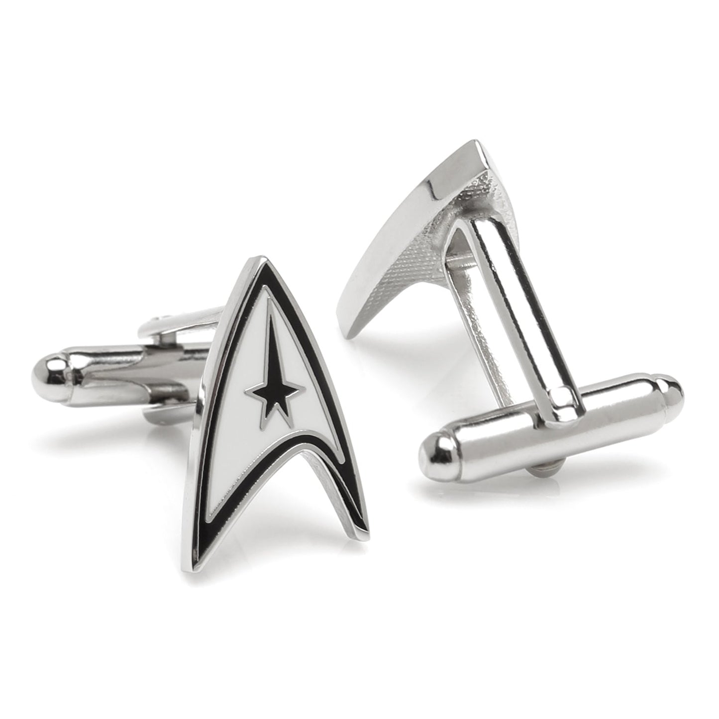 Close up of Star Trek delta shield insignia cufflinks for formal shirts