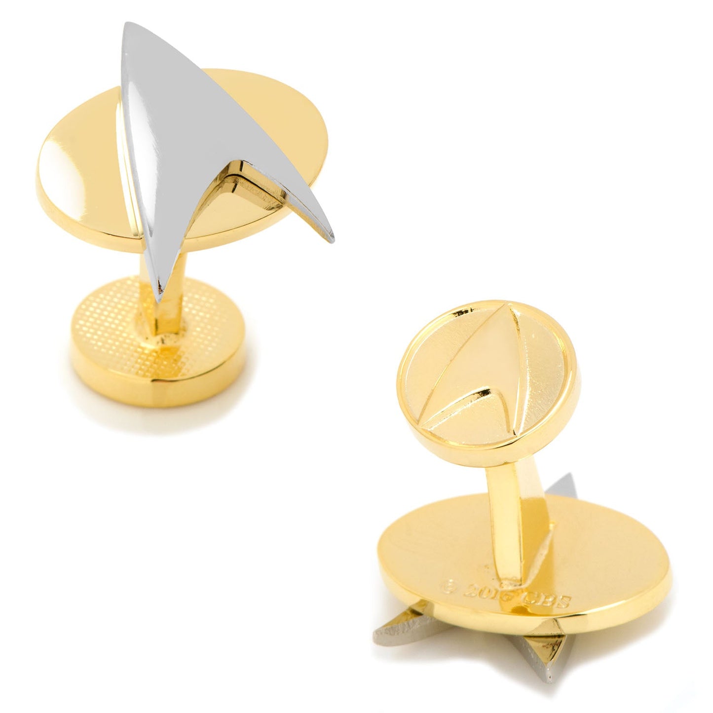 Close-up of the two-tone Star Trek Delta Shield cufflink showing the gold and silver finish