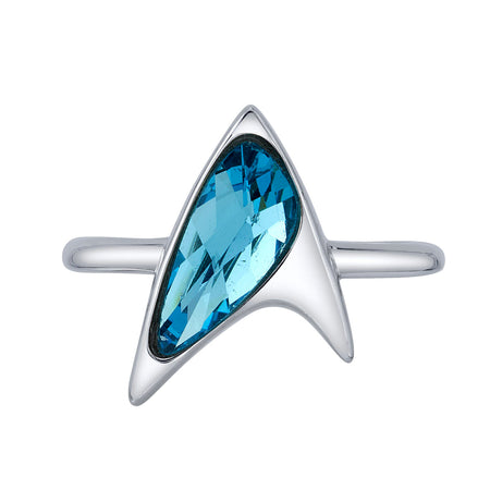 Star Trek x RockLove Blue Crystal Delta Ring top view showing the delta insignia
