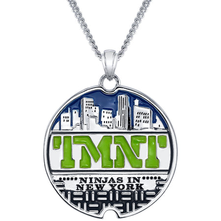 Teenage Mutant Ninja Turtles x RockLove Sewer Lid Necklace showing NYC skyline and TMNT enamel