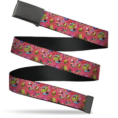 Black web belt with dark metal buckle. Pink pattern of cartoon characters & food items, arranged in a zig-zag.