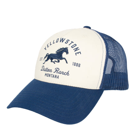 Yellowstone Dutton Ranch Logo Trucker Hat with navy front and beige mesh