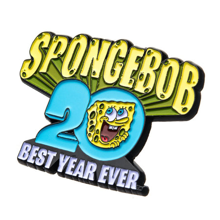 Close-up of the SpongeBob 20th anniversary pin showing the detailed enamel finish and metallic edges.