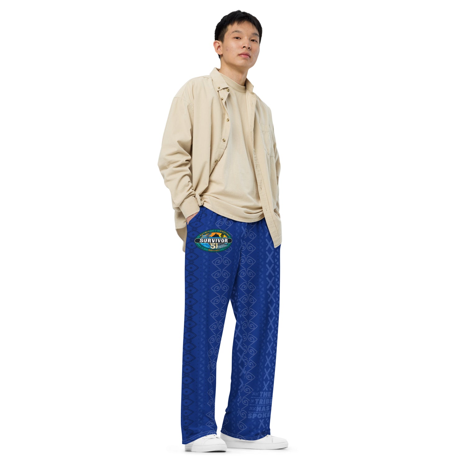 Front view of the Survivor Season 51 lounge pants showing the elastic waistband and white drawstring.